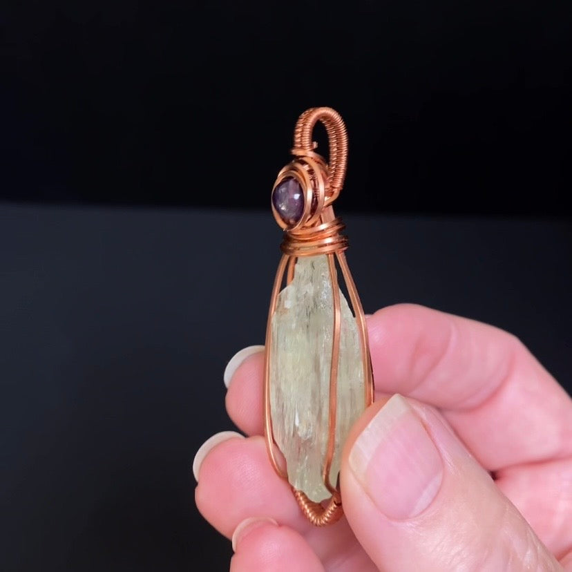 Yellow Spodumene Triphane & Copper Wire Wrapped Pendant with Amethyst - Yellow Kunzite
