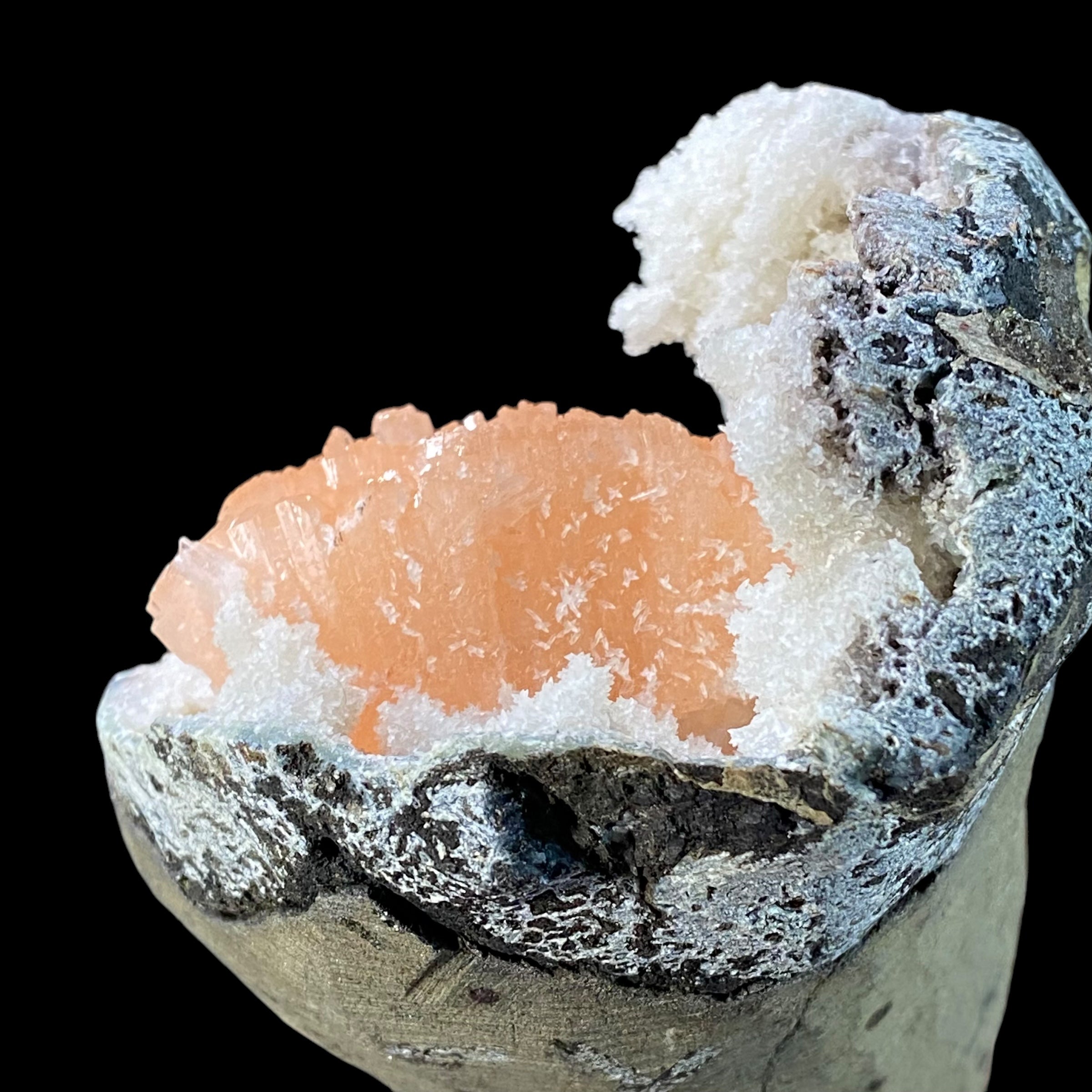 Pink Heulandite Fan Cluster with Apophyllite Crystals & Chalcedony in a Trimmed Pocket of Volcanic Basalt Matrix