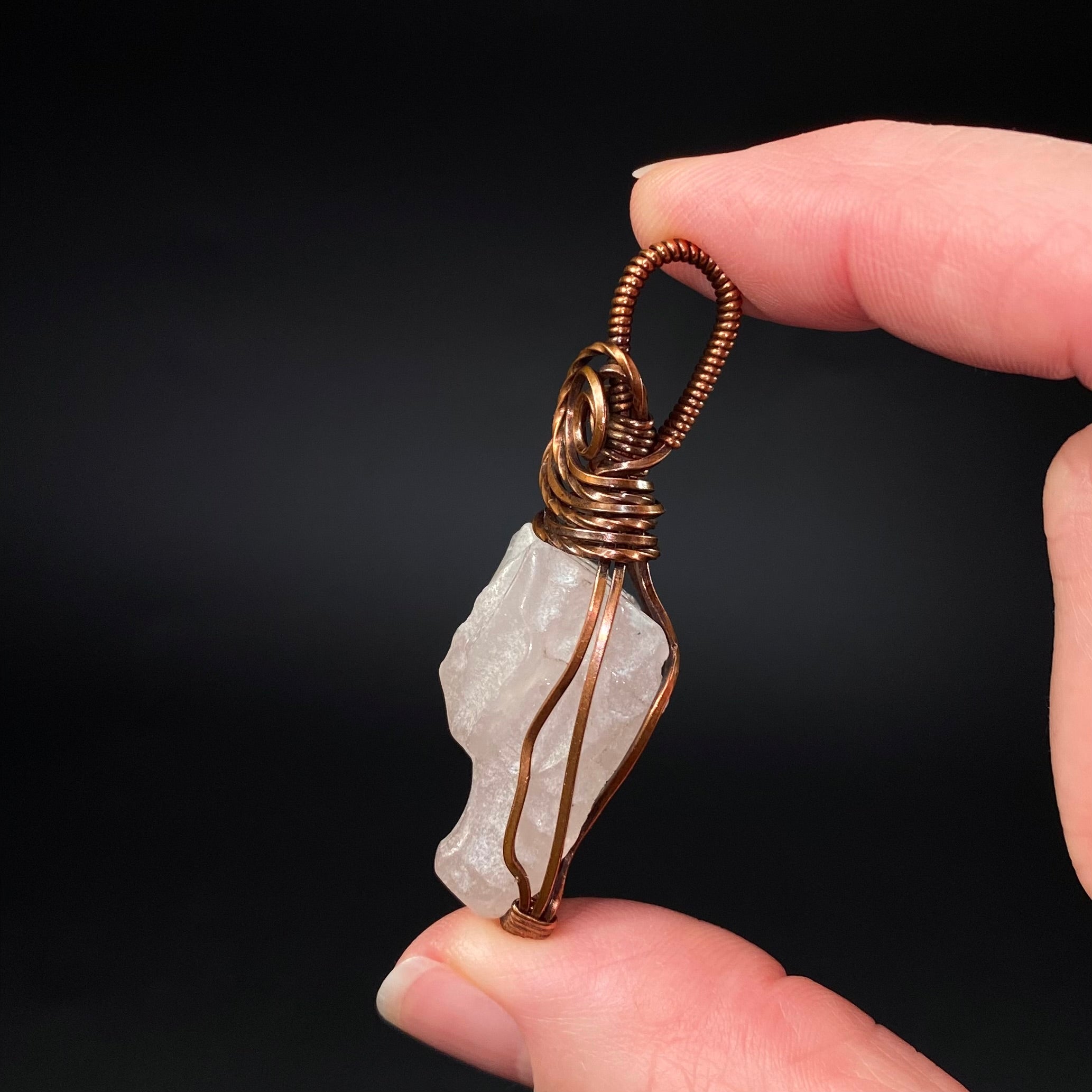 Rose Quartz Dragon and Copper Wire Wrapped Pendant