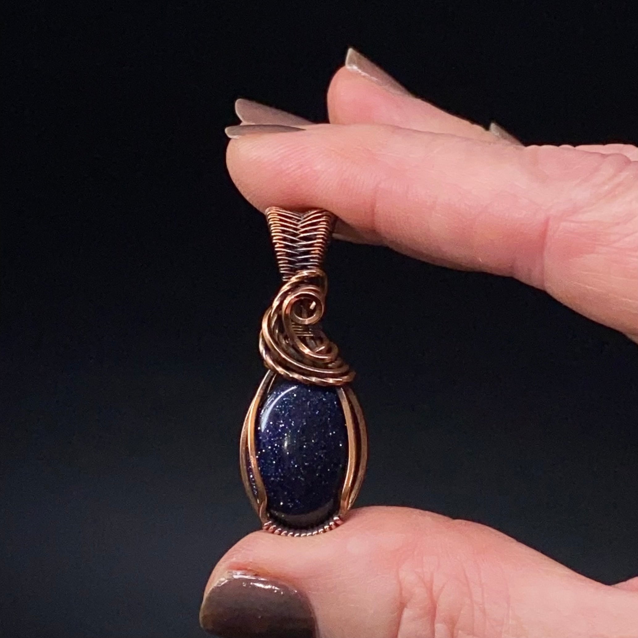 Sparkly Blue Goldstone & Copper Handmade Wire Wrapped Pendant