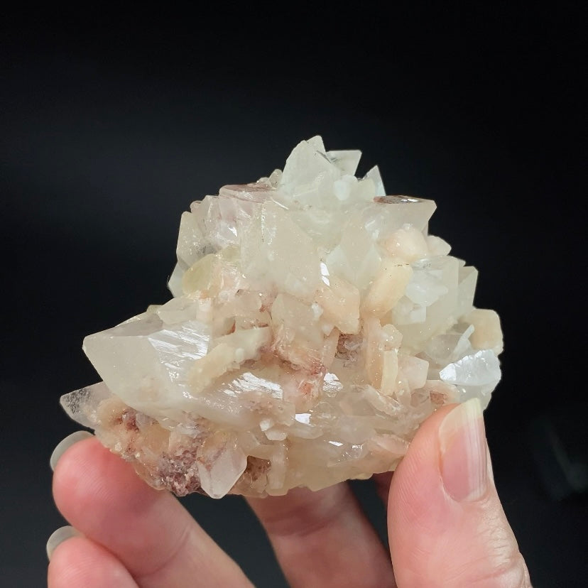 Clear Apophyllite Crystal Cluster with Hematite Inclusions and Stilbite