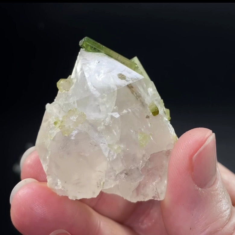 Bicolor Green Tourmaline Crystals on Clear Quartz Crystal