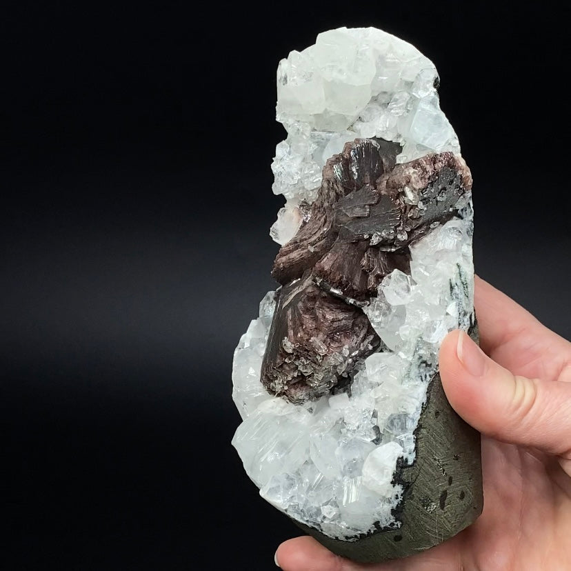 Rare Brown Heulandite Fans with Clear Apophyllite Crystals & Stalactite Chalcedony in a Trimmed-out Pocket of Volcanic Basalt Matrix