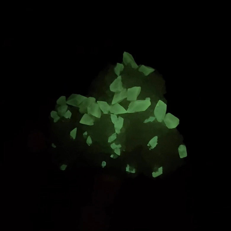 Phosphorescent Golden Feather Calcite Crystals on Druzy Quartz