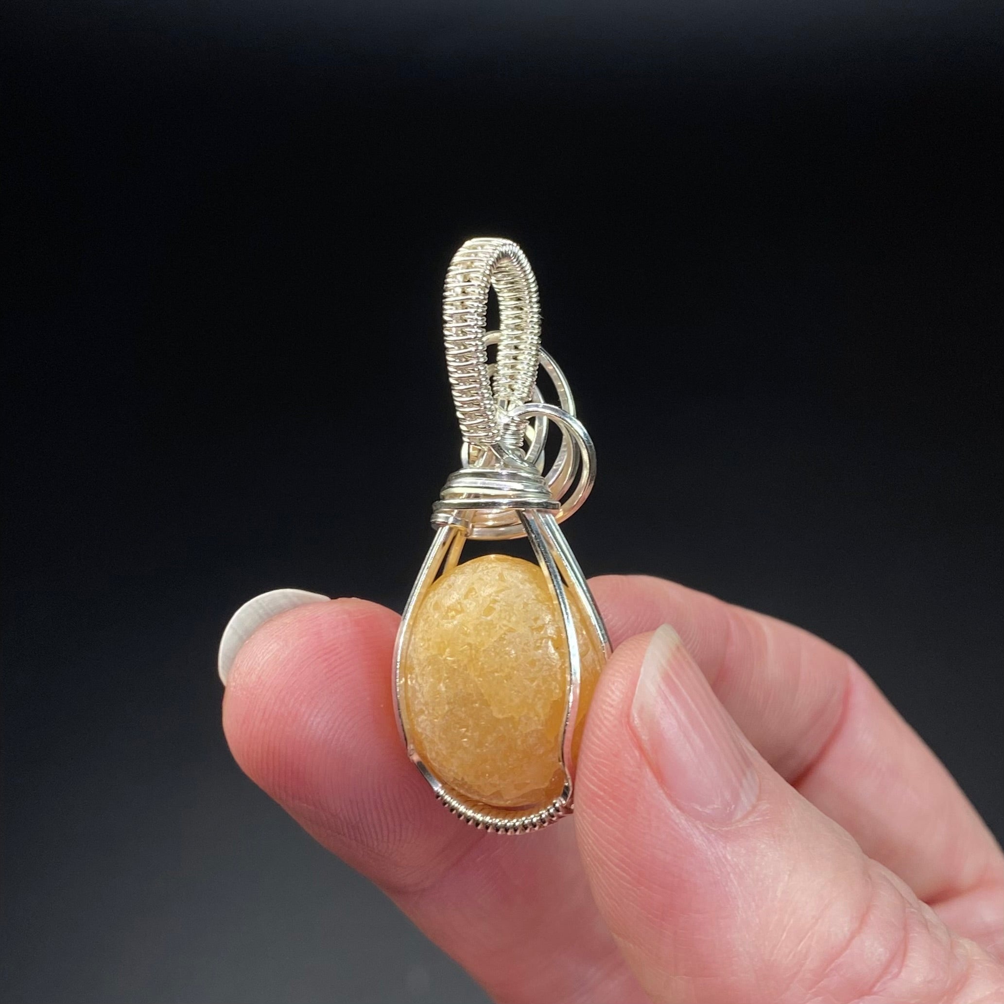 Yellow Orange Calcite Concretion & Sterling Silver Wire Wrapped Pendant