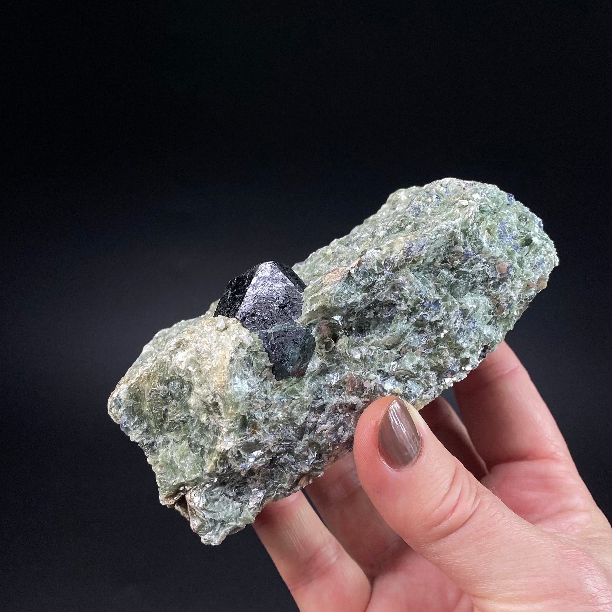 Dark Blue Dravite, Uvite in a Beautiful Green Mica Rich Matrix with Sapphires