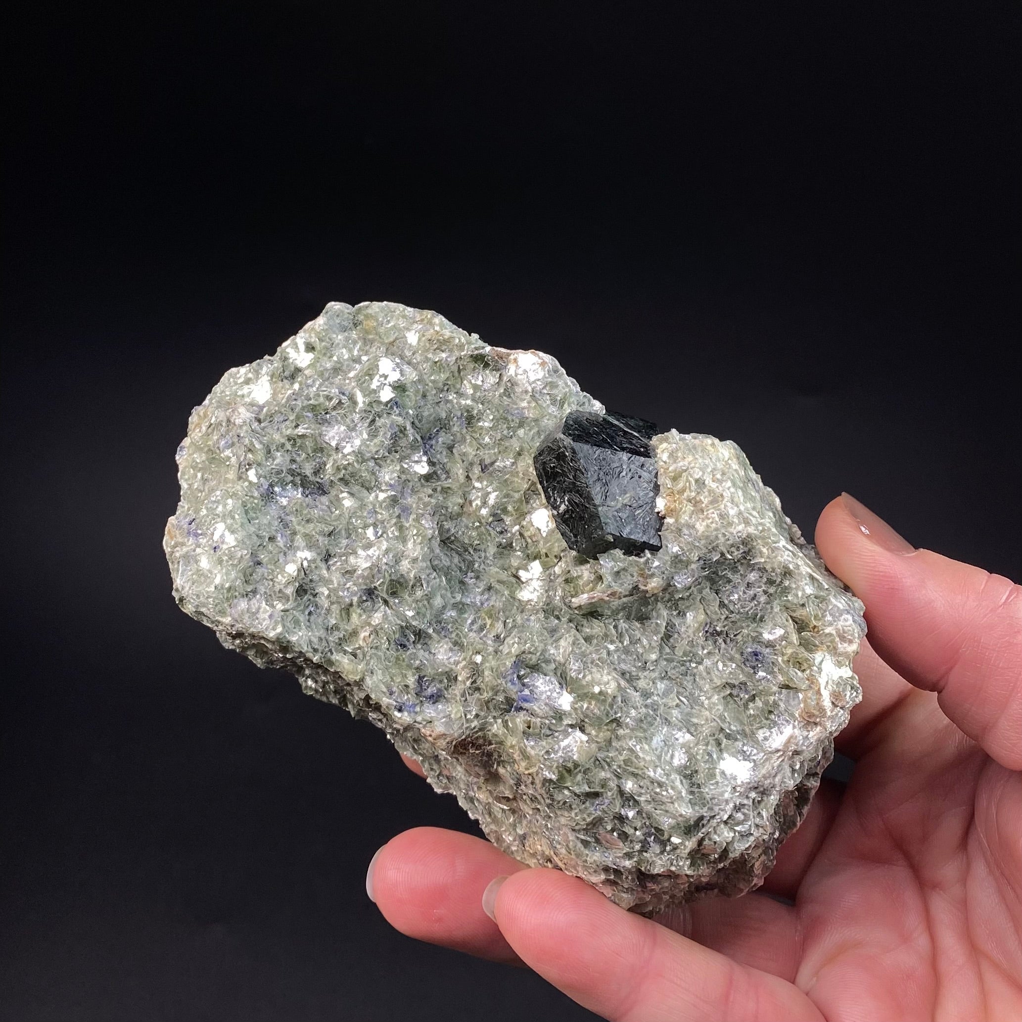 Dark Blue Dravite, Uvite in a Beautiful Green Mica Rich Matrix with Sapphires