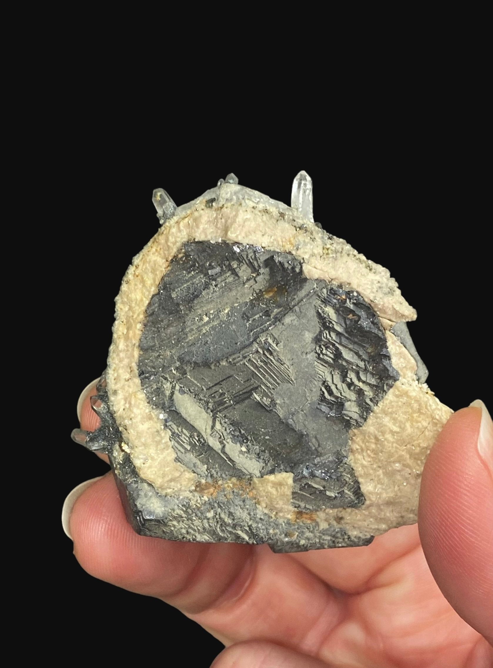 Kosovo Natural Galena Crystal Cluster with Clear Tipped Quartz Crystals and Tan Dolomite from Trepça Mines Kosovo