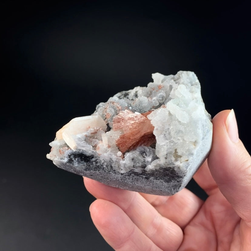 Rare Red Heulandite Fan with Chalcedony Stalactites on Trimmed Basalt Matrix