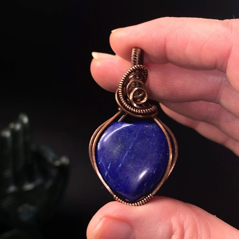 Lapis Lazuli Heart and Copper Wire Wrapped Pendant