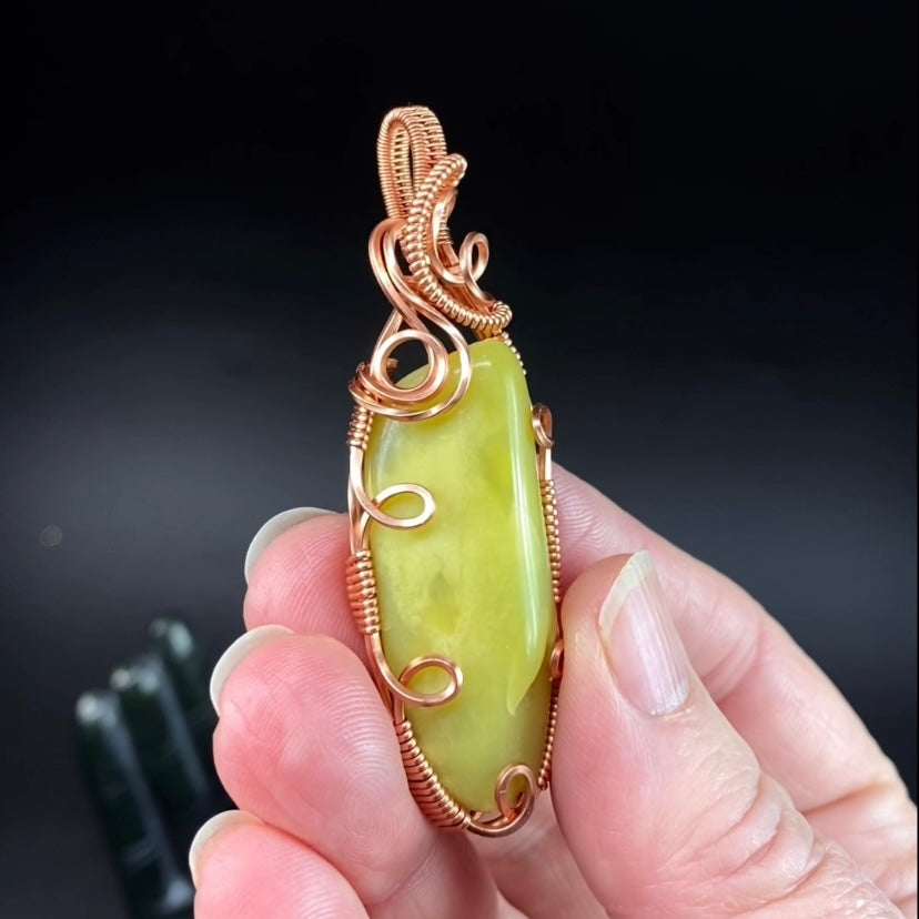 Noble Serpentine Healerite and Raw Copper Wire Wrapped Pendant
