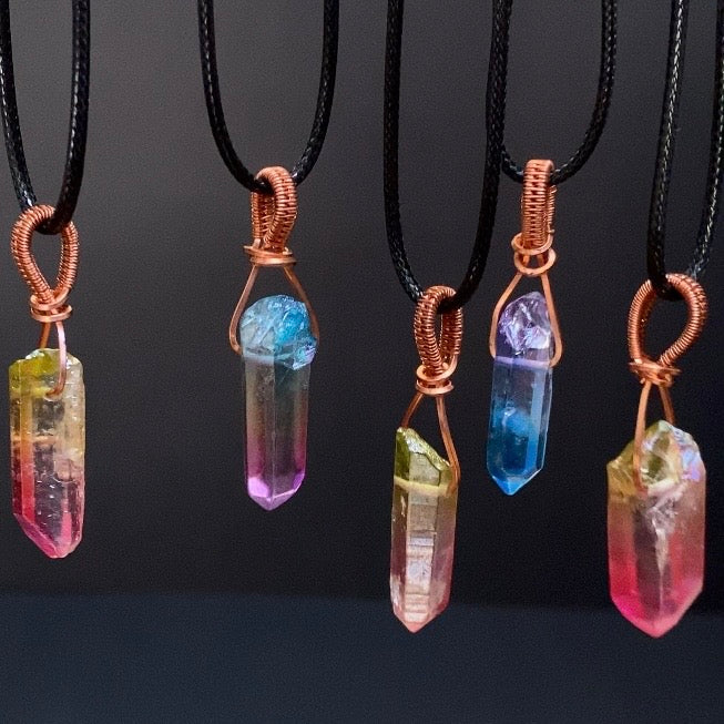 Raw Aura Quartz Crystal & Copper Simple Wire Wrapped Pendant