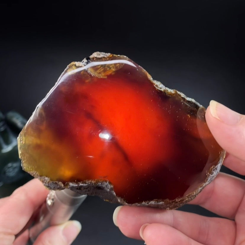 High Grade Sumatran Blue Amber Polished Display Face and Raw Exterior