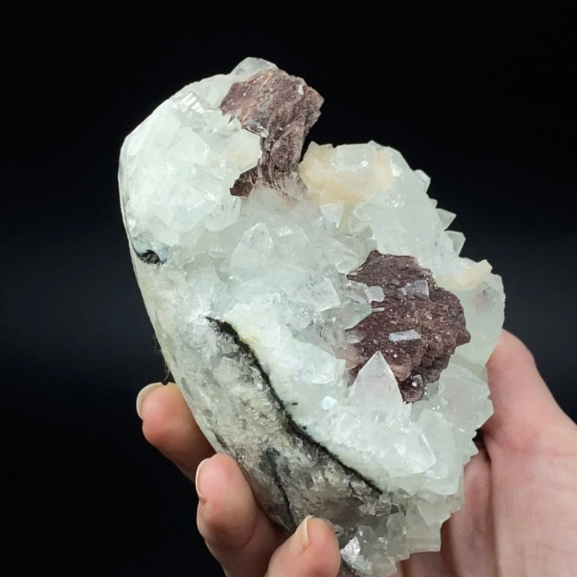 Rare Red-Brown Heulandite Fan with Clear Apophyllite Crystals & Stilbite in a Trimmed-out Pocket of Volcanic Basalt Matrix