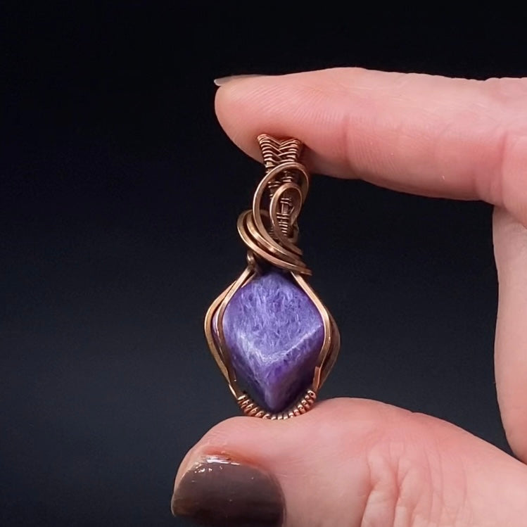 Purple Charoite and Copper Wire Wrapped Pendant
