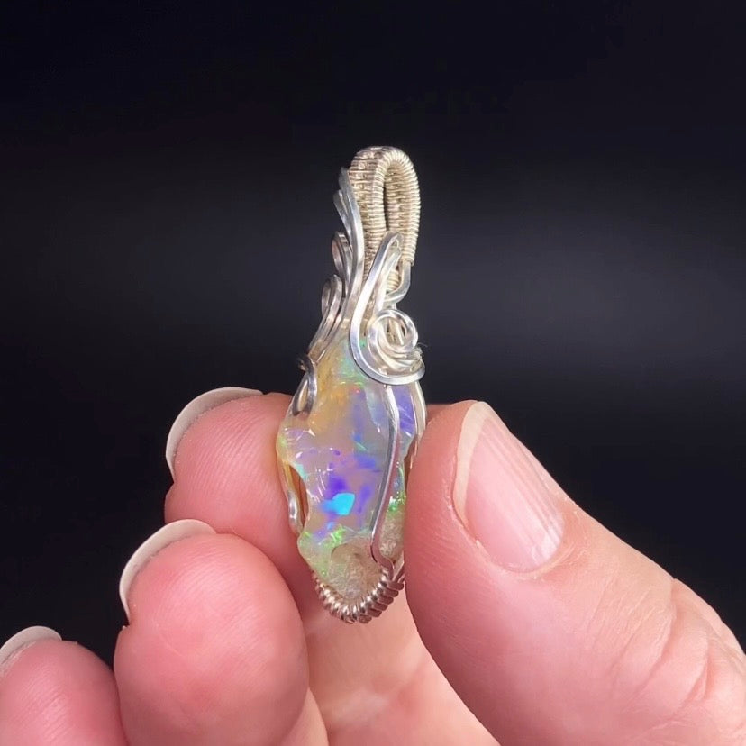 Ethiopian Welo Opal & Sterling Silver Wire Wrapped Pendant