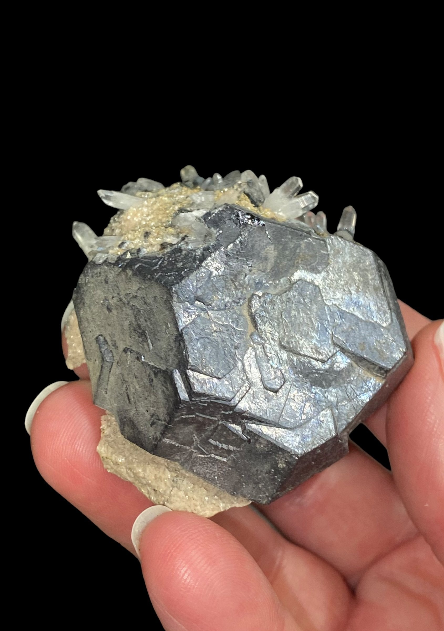 Kosovo Natural Galena Crystal Cluster with Clear Tipped Quartz Crystals and Tan Dolomite from Trepça Mines Kosovo