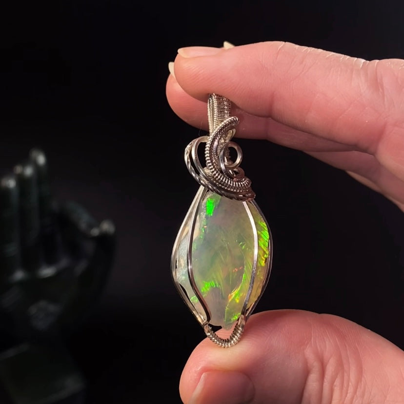 Ethiopian Welo Opal & Sterling Silver Wire Wrapped Pendant