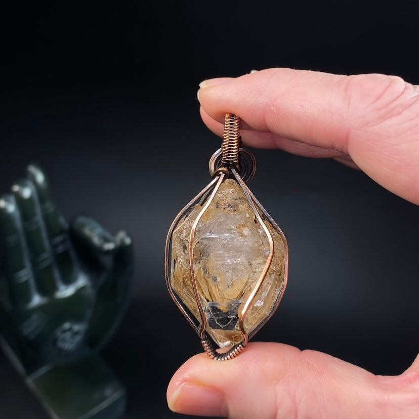 Fluorescent Skeletal Fenster Quartz & Copper Wire Wrapped Pendant