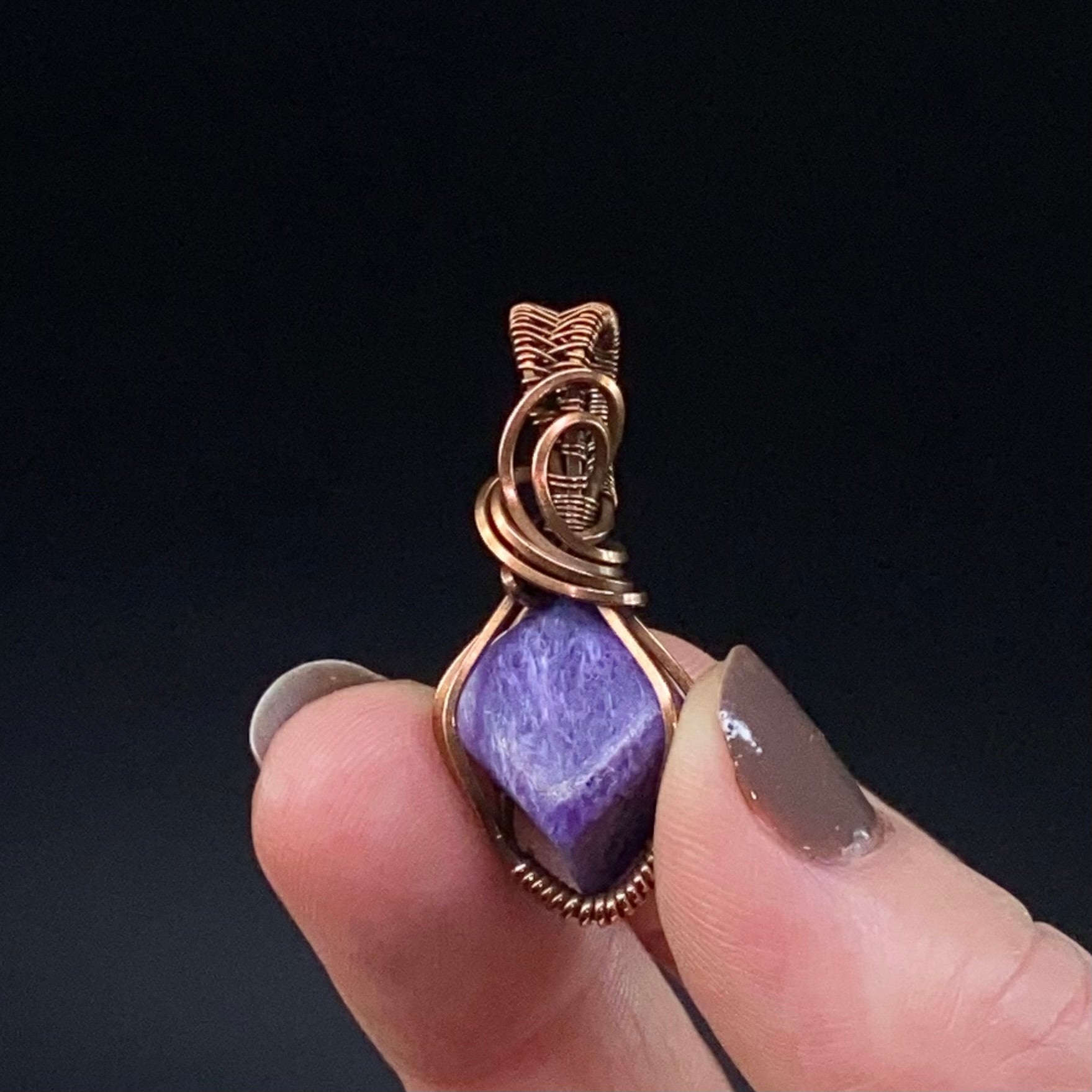 Purple Charoite and Copper Wire Wrapped Pendant
