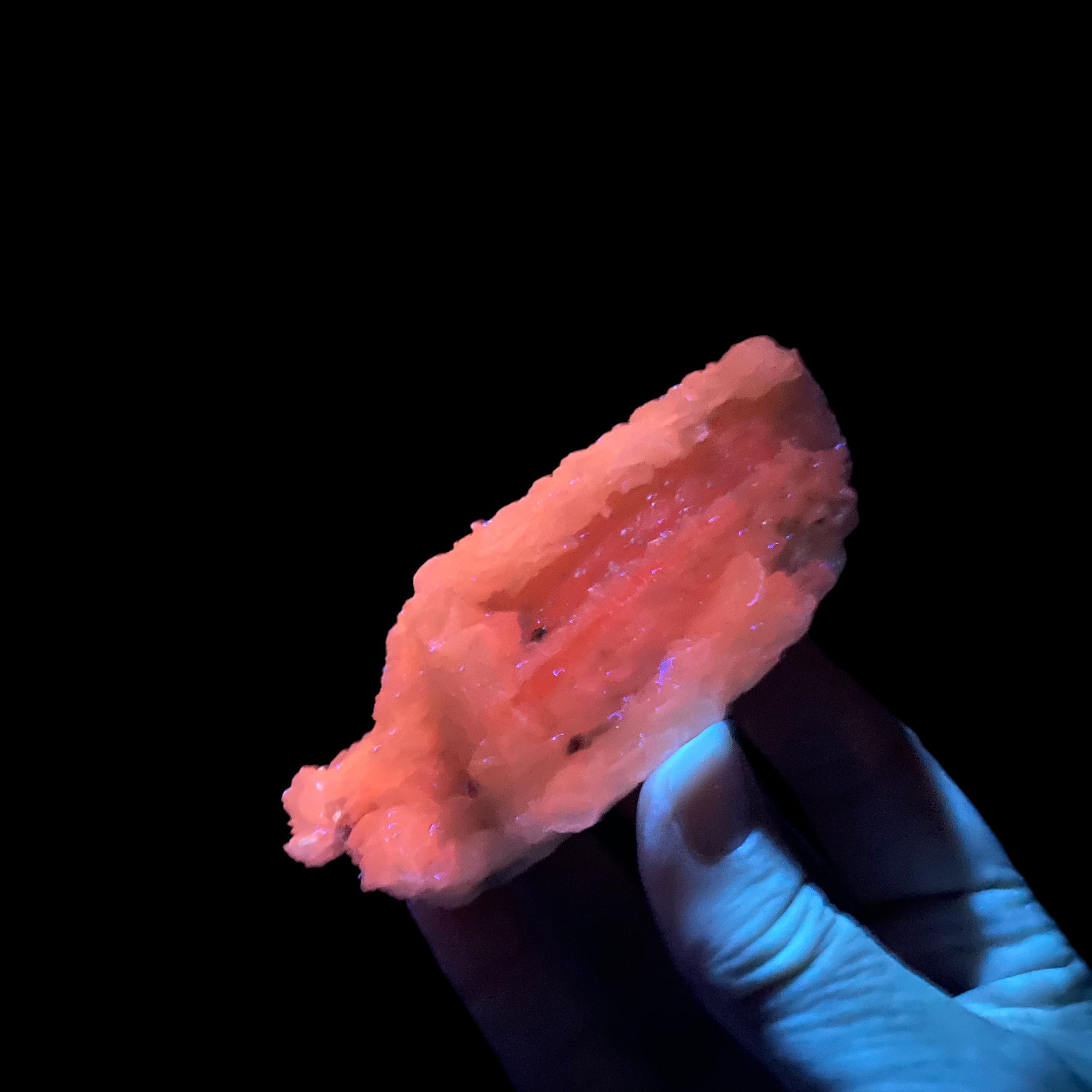 Fluorescent Mangano Calcite Covered in Clear Light Pink Calcite Crystals from Kosovo