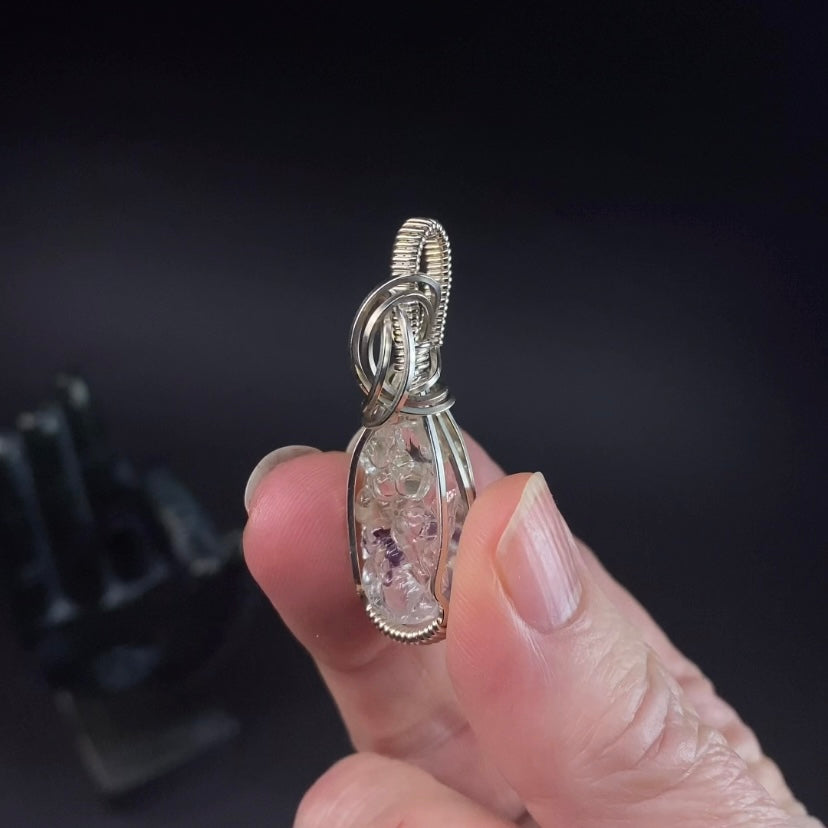 Hyalite Opal with Purple Fluorite & Sterling Silver Wire Wrapped Pendant