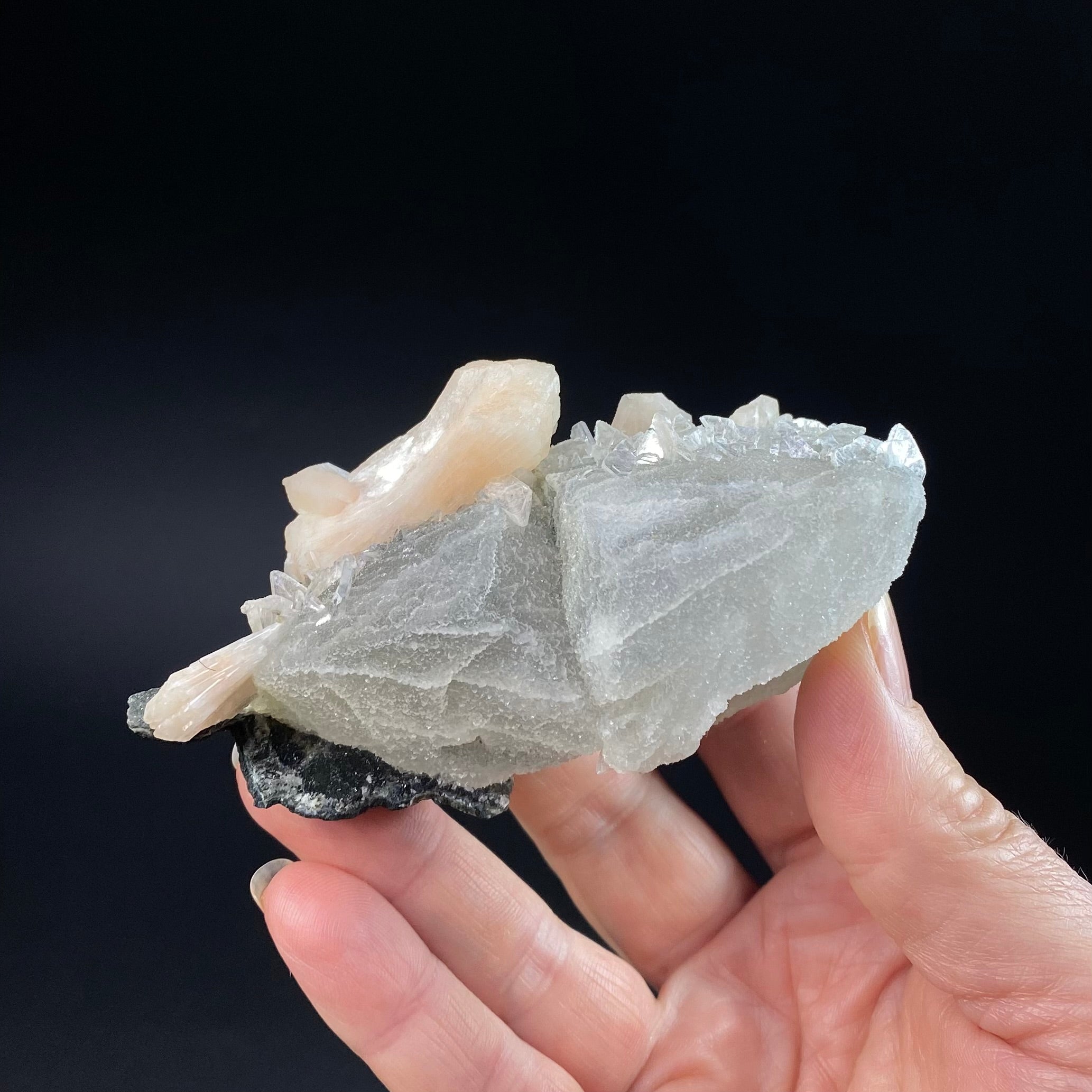 Clear Heulandite Fans with Stilbite and Chalcedony Coated Calcite