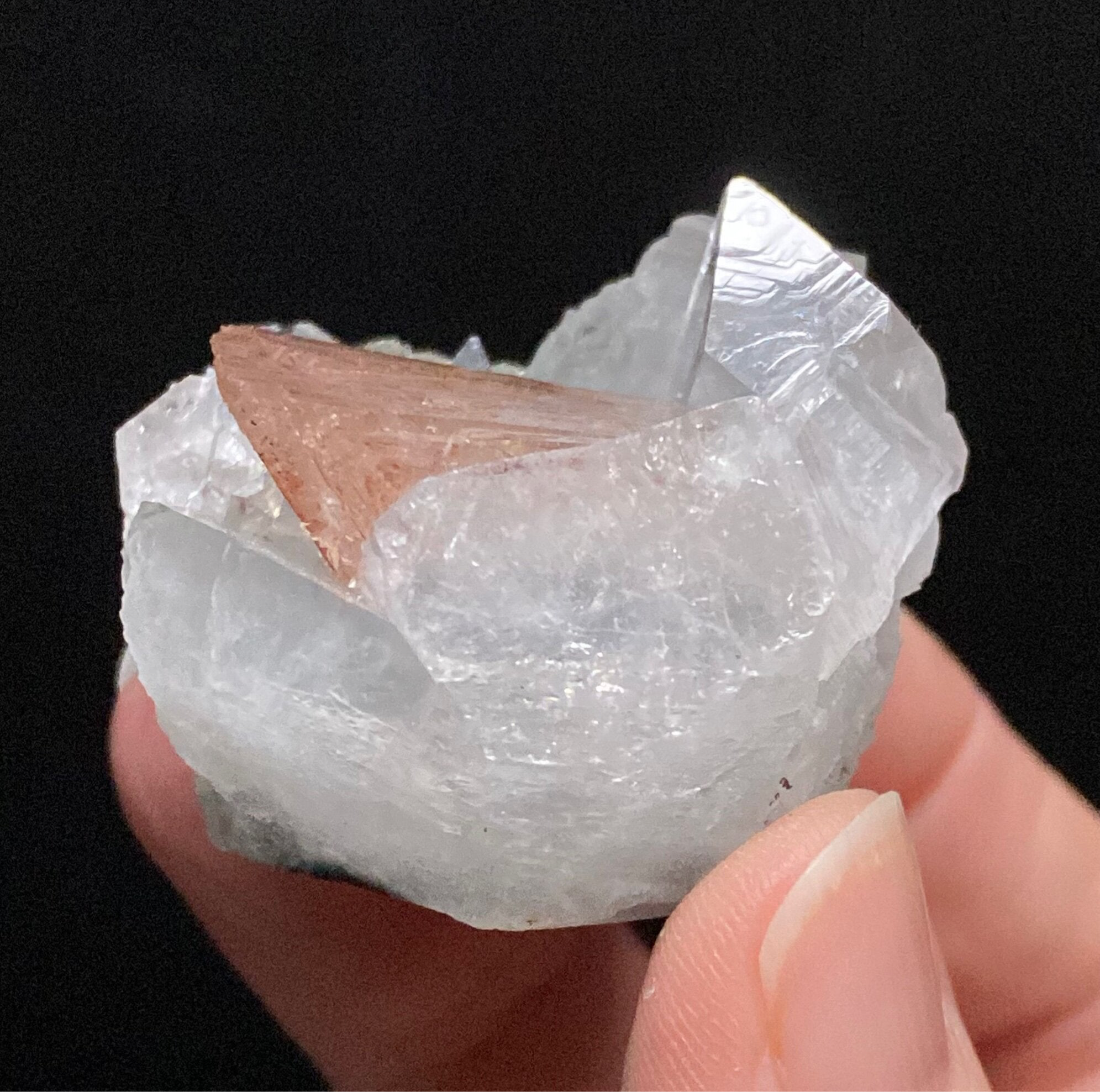Pink Heulandite Fan with Clear Apophyllite Crystals in a Trimmed-out Pocket of Volcanic Basalt Matrix