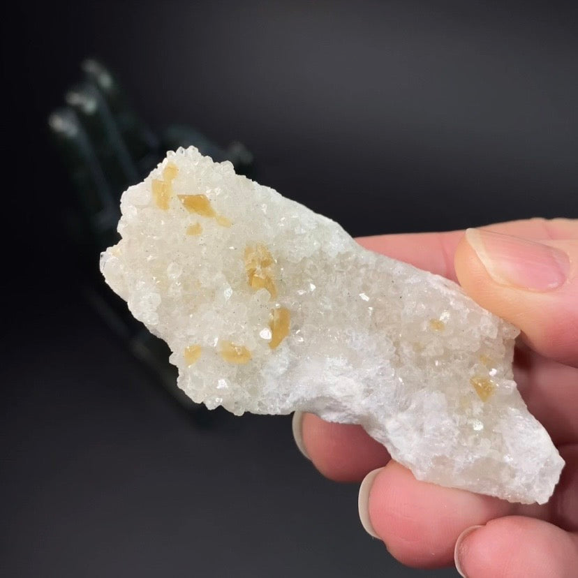Phosphorescent Golden Honey Calcite Crystals on Druzy Quartz in Basalt Pocket