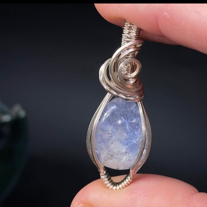 High Grade Dumortierite Included Quartz & Tarnish Resistant Argentium Silver Handmade Wire Wrapped Pendant