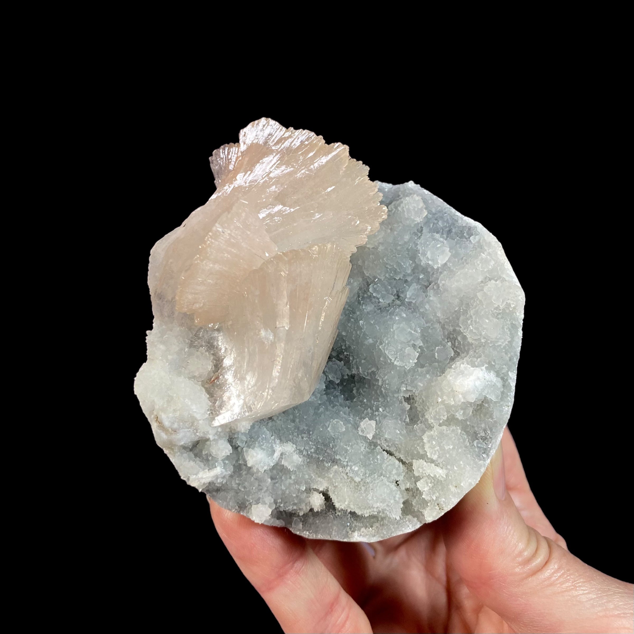 Light Pink Gemmy Heulandite & Minor Mordenite on Chalcedony in a Trimmed Basalt Pocket