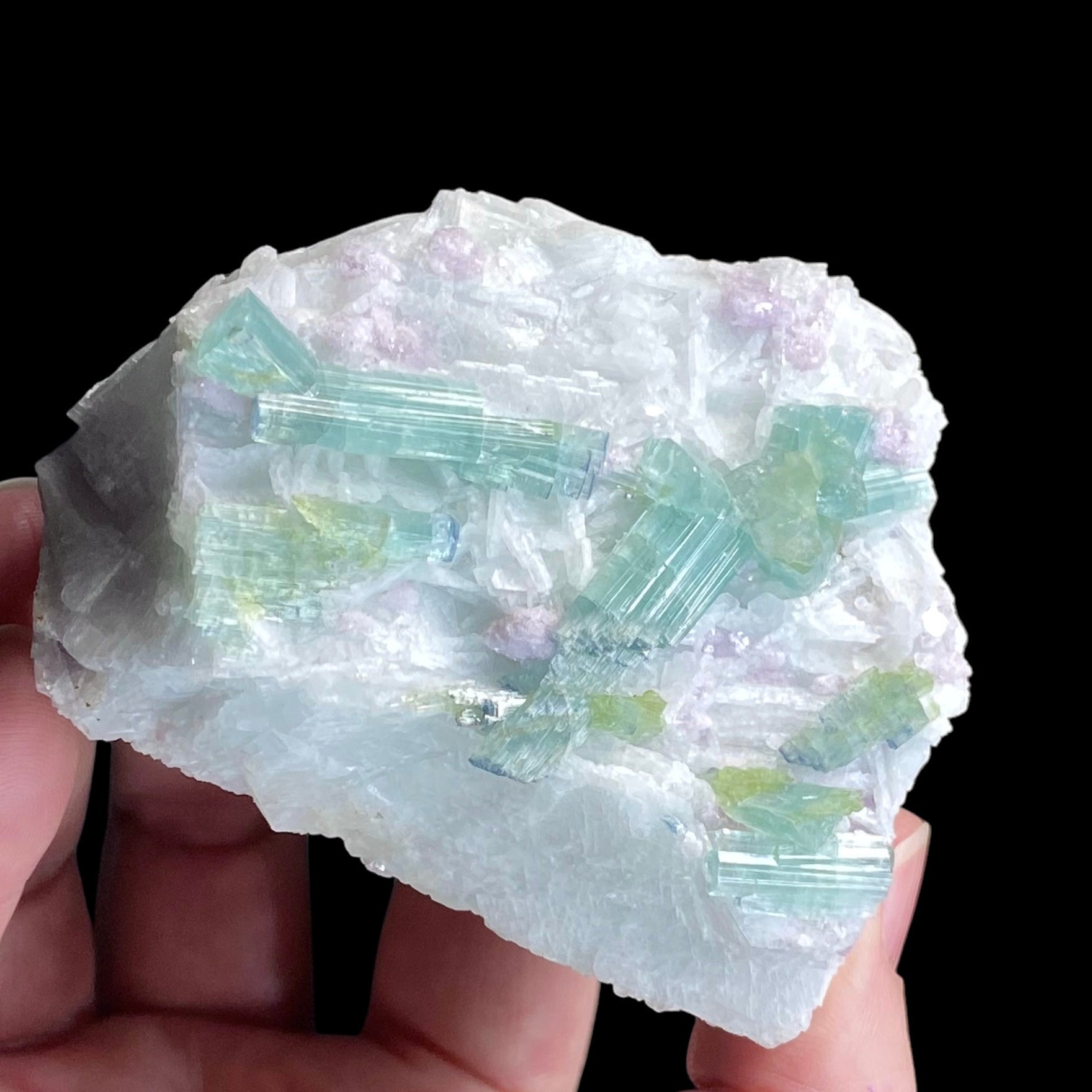 Blue Cap Green Tourmaline Crystals with Lepidolite & Clevelandite, Paprok Afghanistan