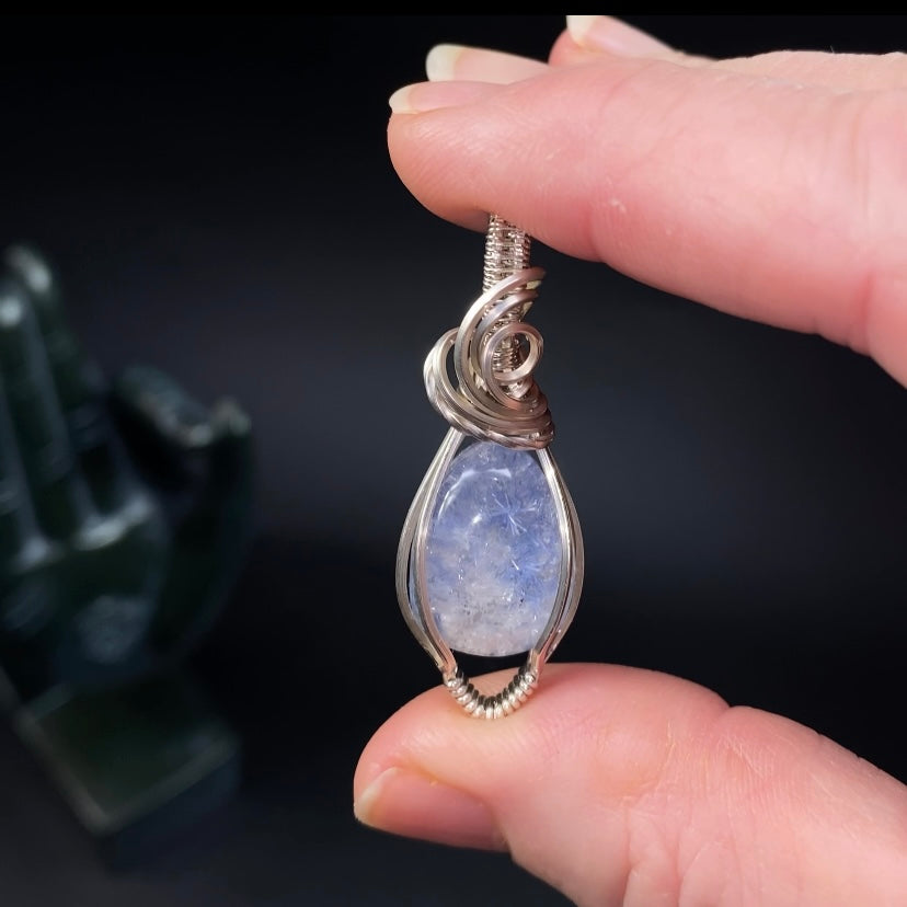 High Grade Dumortierite Included Quartz & Tarnish Resistant Argentium Silver Handmade Wire Wrapped Pendant