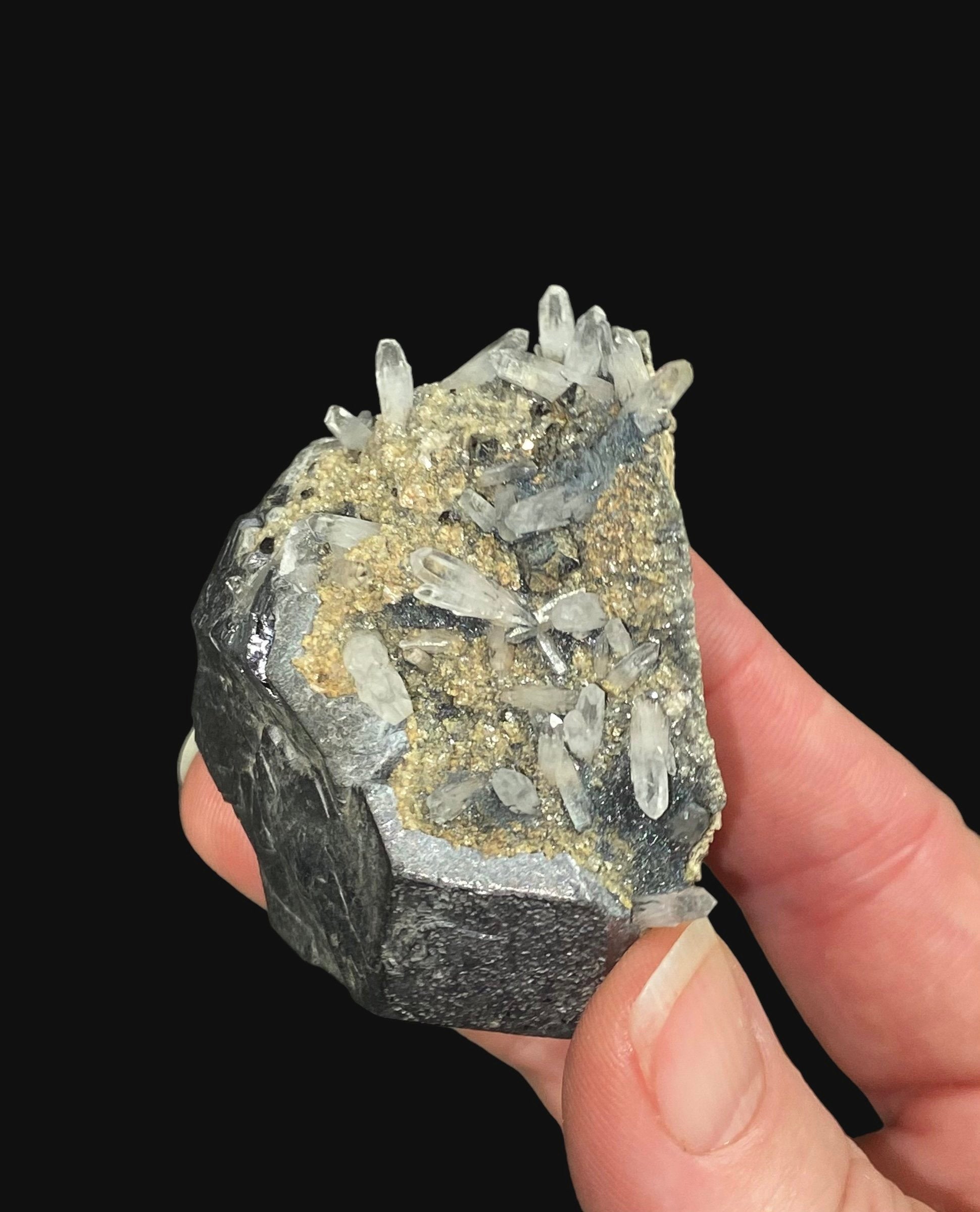 Kosovo Natural Galena Crystal Cluster with Clear Tipped Quartz Crystals and Tan Dolomite from Trepça Mines Kosovo