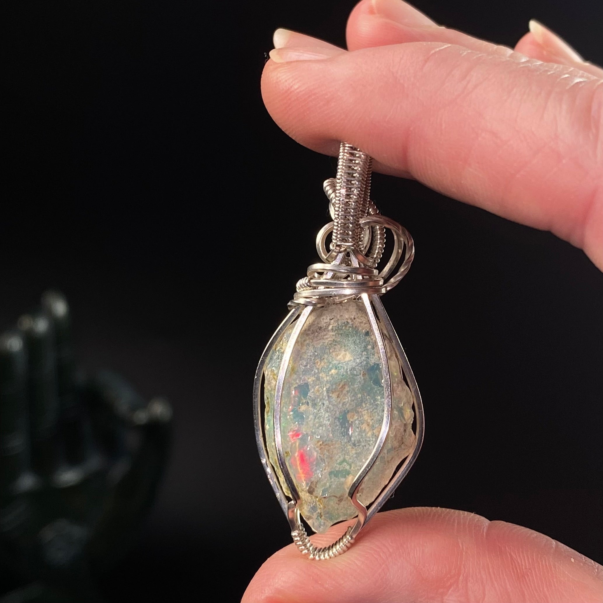 Ethiopian Welo Opal & Sterling Silver Wire Wrapped Pendant