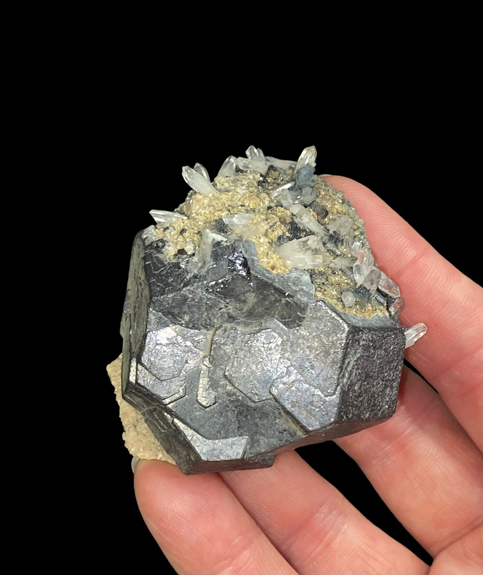 Kosovo Natural Galena Crystal Cluster with Clear Tipped Quartz Crystals and Tan Dolomite from Trepça Mines Kosovo