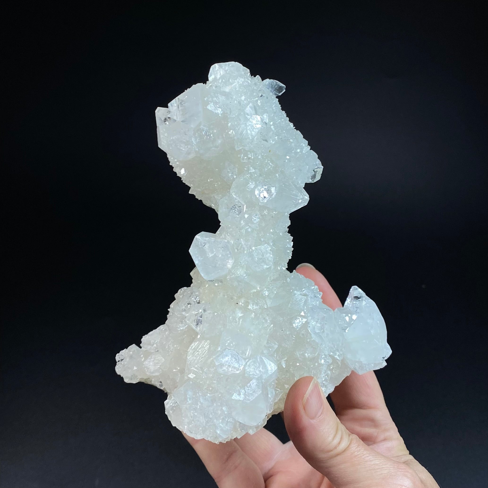 Clear Apophyllite Stalactite Formation Cluster with Fluorescent Calcite Core