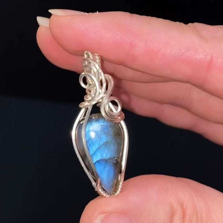 Blue Flash Labradorite and Sterling Silver Wire Wrapped Pendant, Natural Stone Crystal Jewelry