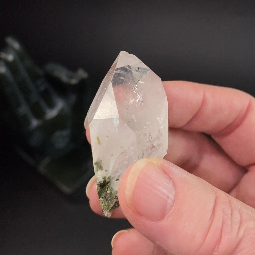 Grounding Quartz Crystal with Epidote Crystals & White Byssolite Whisps - Natural Crystals