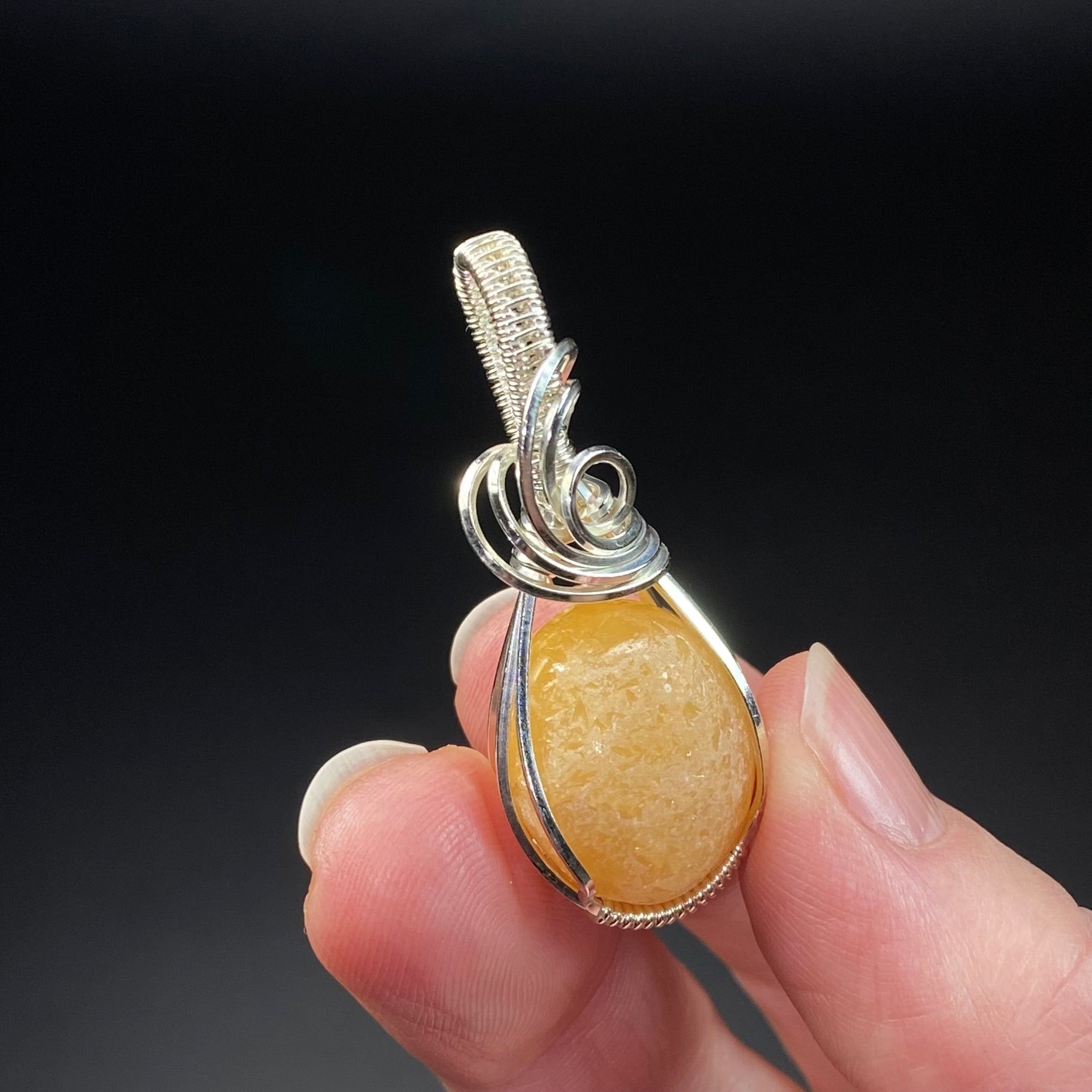 Yellow Orange Calcite Concretion & Sterling Silver Wire Wrapped Pendant