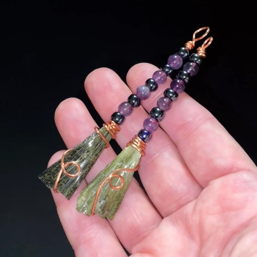 Amethyst, Hematite & Epidote Wire Wrapped Witches Broom Pendant - Ornament for Halloween