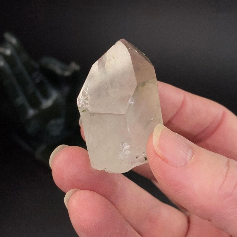 Quartz Crystal with Pink Hematite, White Whisps and Epidote - Natural Raw Crystals