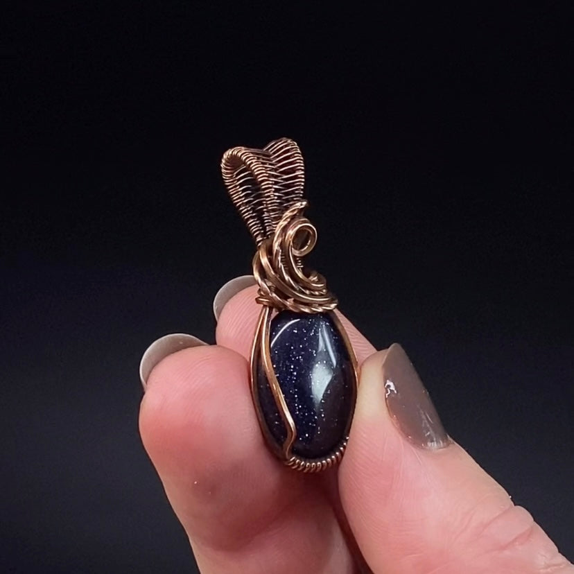Sparkly Blue Goldstone & Copper Handmade Wire Wrapped Pendant