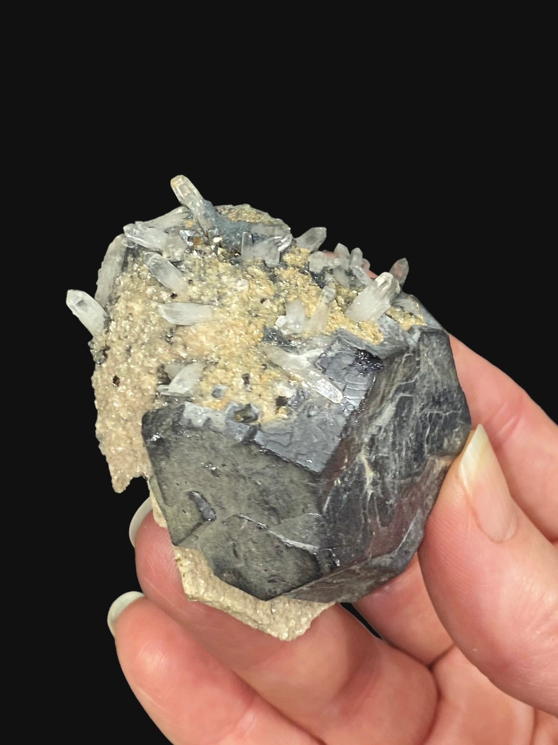 Kosovo Natural Galena Crystal Cluster with Clear Tipped Quartz Crystals and Tan Dolomite from Trepça Mines Kosovo
