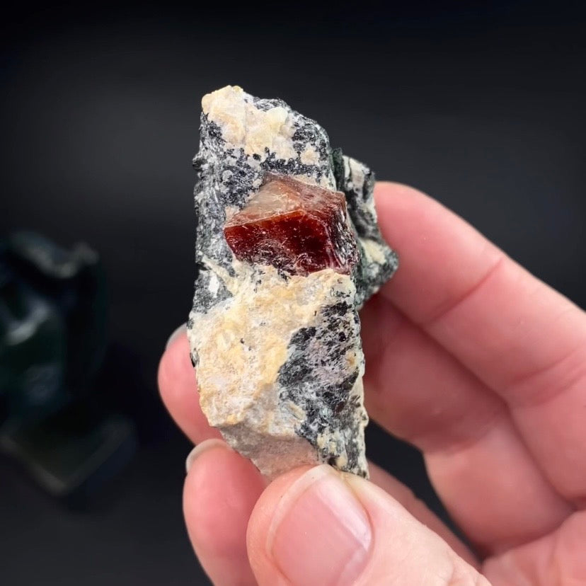 Zircon Crystal with Fluorescent Apatite Inclusions, Biotite-Calcite Aegirine matrix, Astore Valley, Pakistan