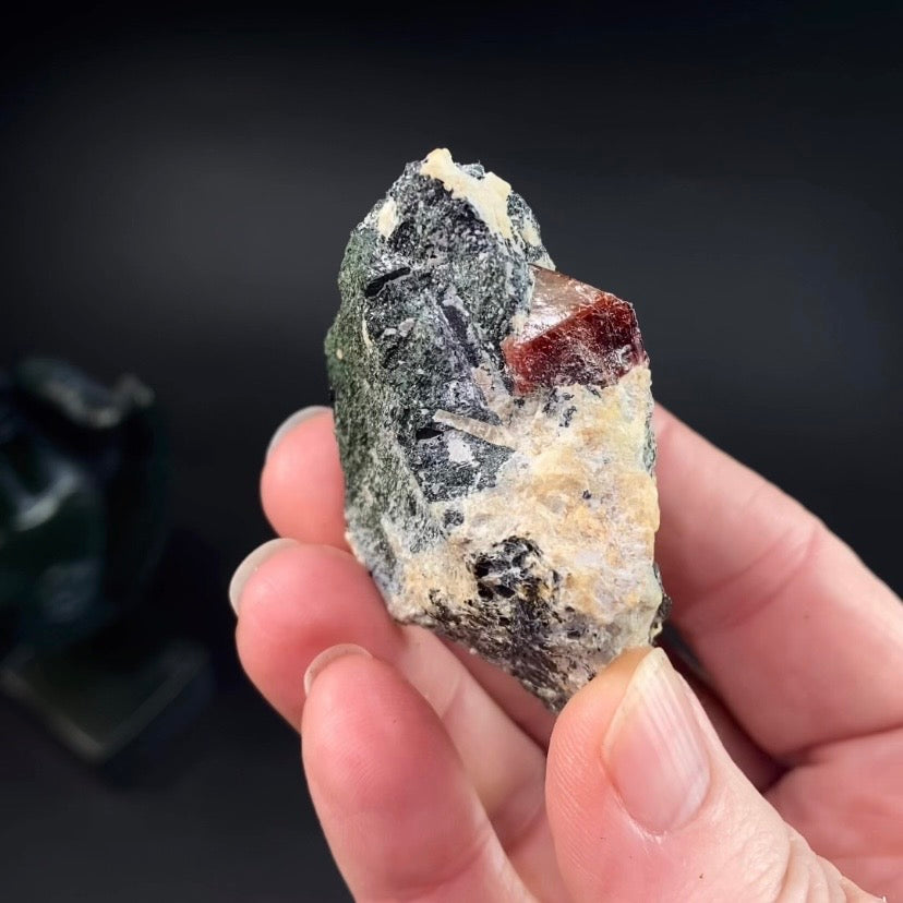 Zircon Crystal with Fluorescent Apatite Inclusions, Biotite-Calcite Aegirine matrix, Astore Valley, Pakistan