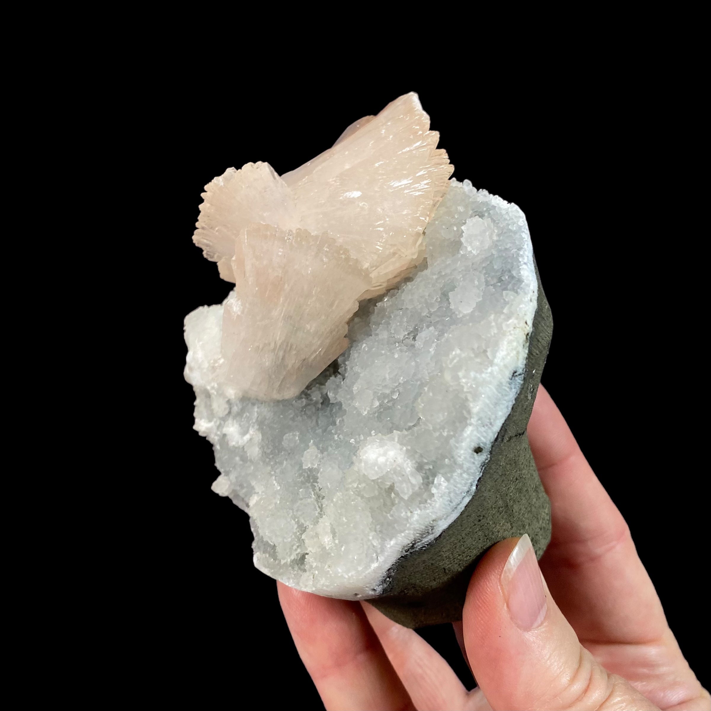 Light Pink Gemmy Heulandite & Minor Mordenite on Chalcedony in a Trimmed Basalt Pocket