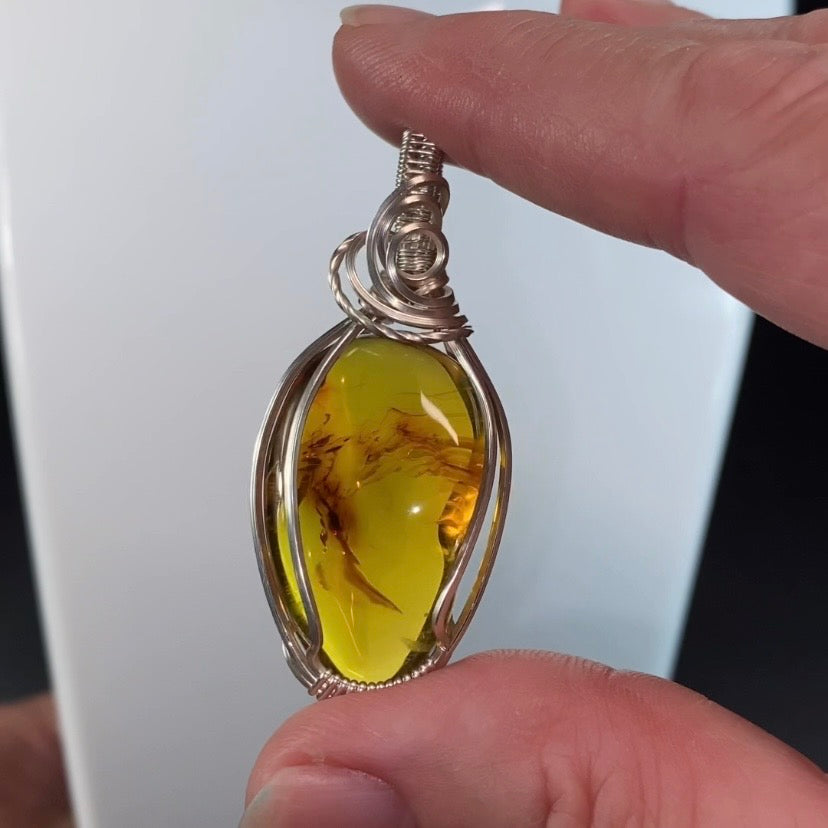 Chiapas Amber with Inclusions & Tarnish Resistant Argentium Silver Wire Wrapped Pendant