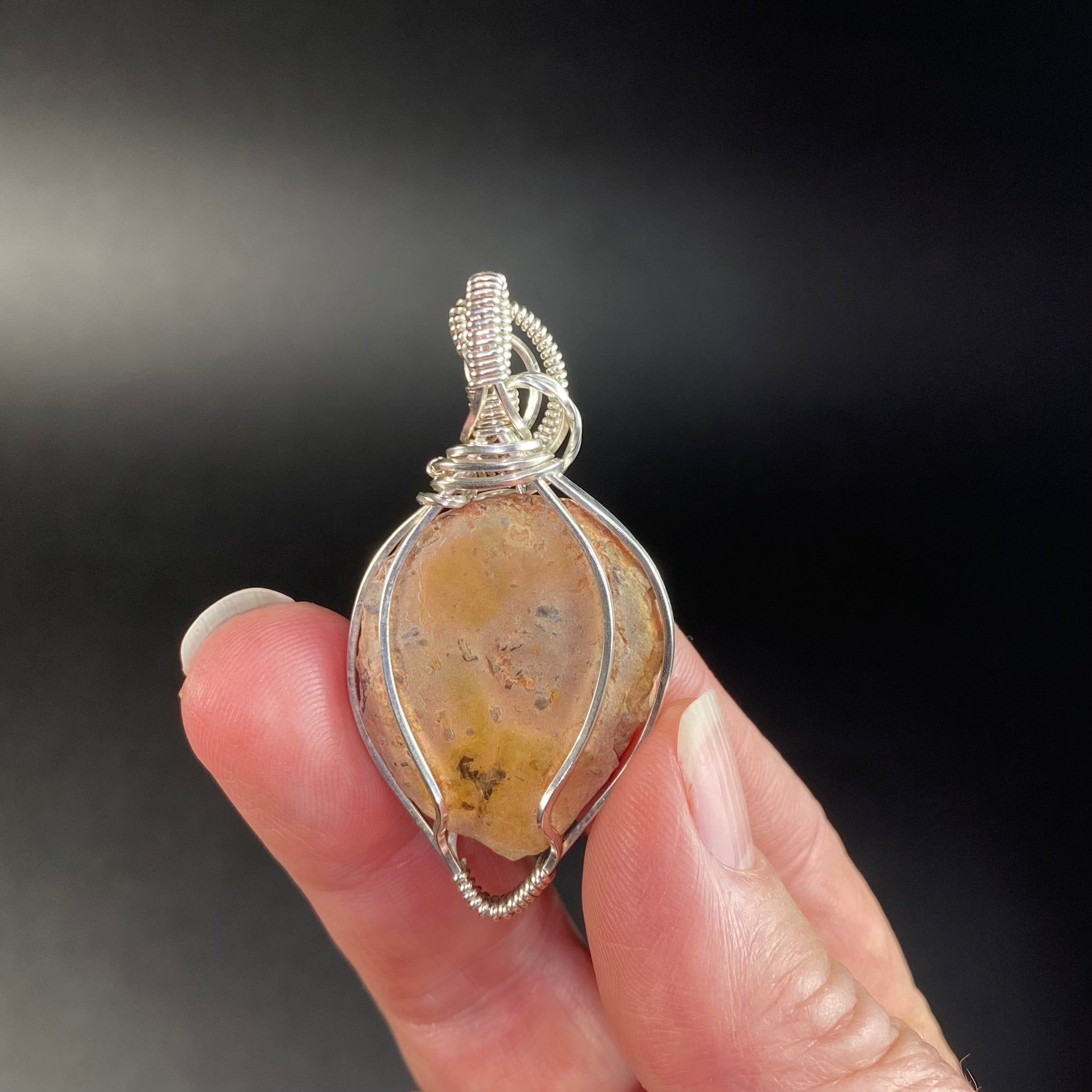 Polished Ammonite Fossil & Sterling Silver Wire Wrapped Pendant