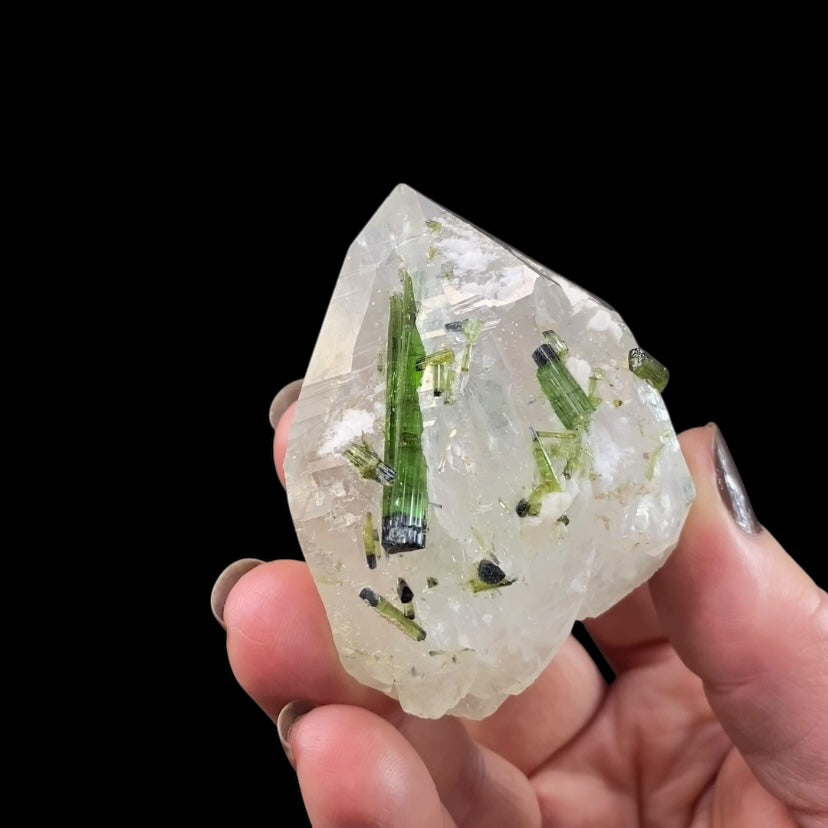 Bicolor Green Tourmaline Crystals on Double Terminated Quartz Crystal, Laghman, Afghanistan
